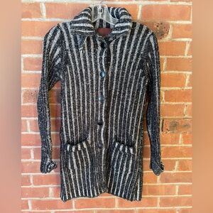 525 America Long Black White Striped Cardigan Jacket Womens Size L Turtleneck